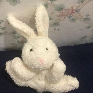 Vintage Russ Berrie 5” Tall Terry Cloth PVC Pellet Stuffed Stub Tailed Bunny.